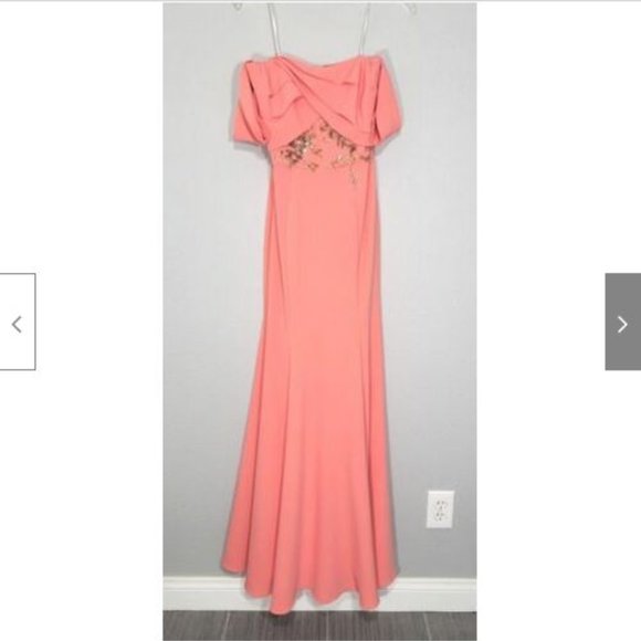 NWT Marchesa Notte Coral Off Shoulder Embellished Crepe Gown Dress 4 - Picture 4 of 11